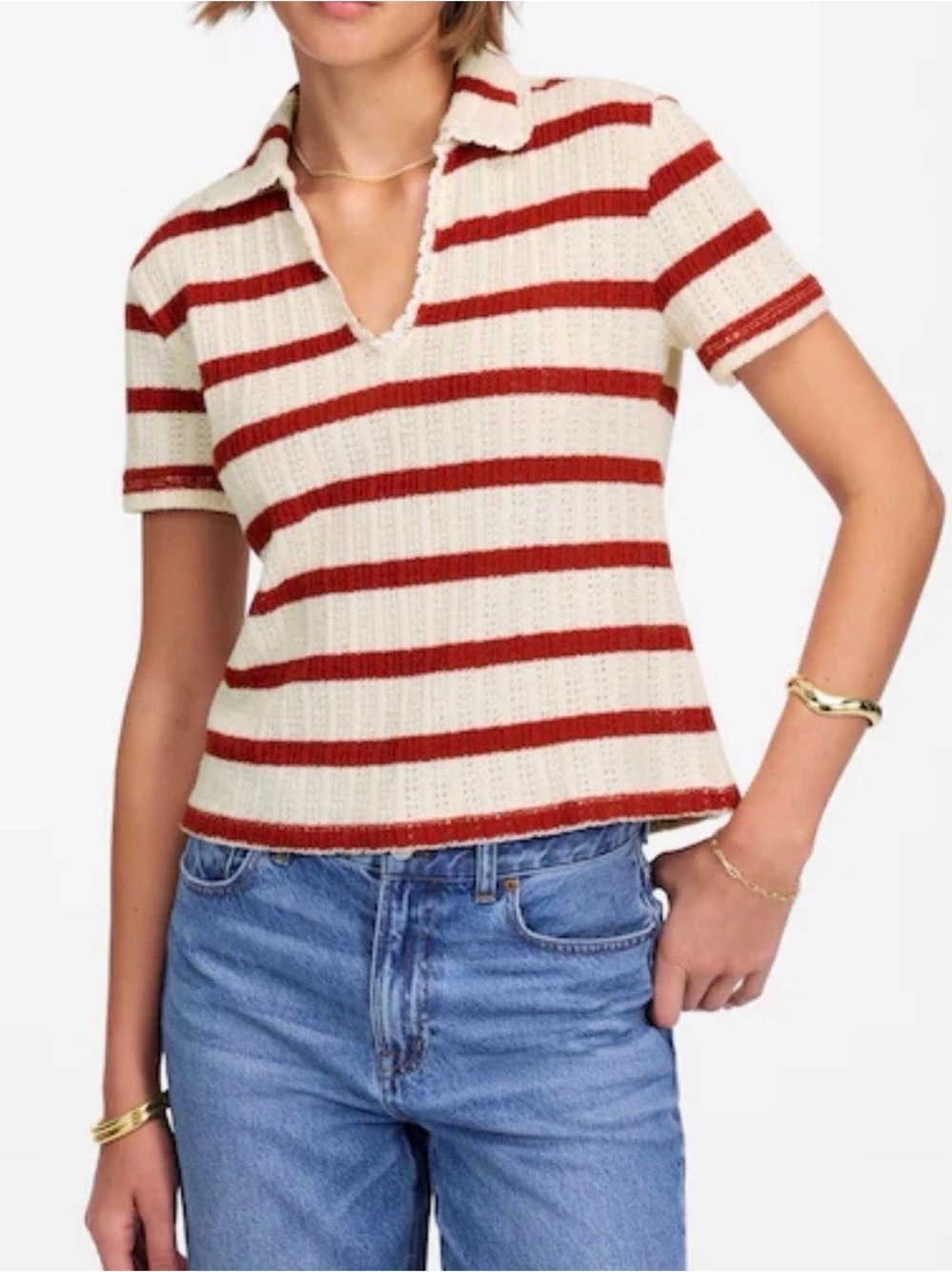 Madewell Crochet Knit Stripe Polo Tee Shirt V-Neck Red Cream Medium M